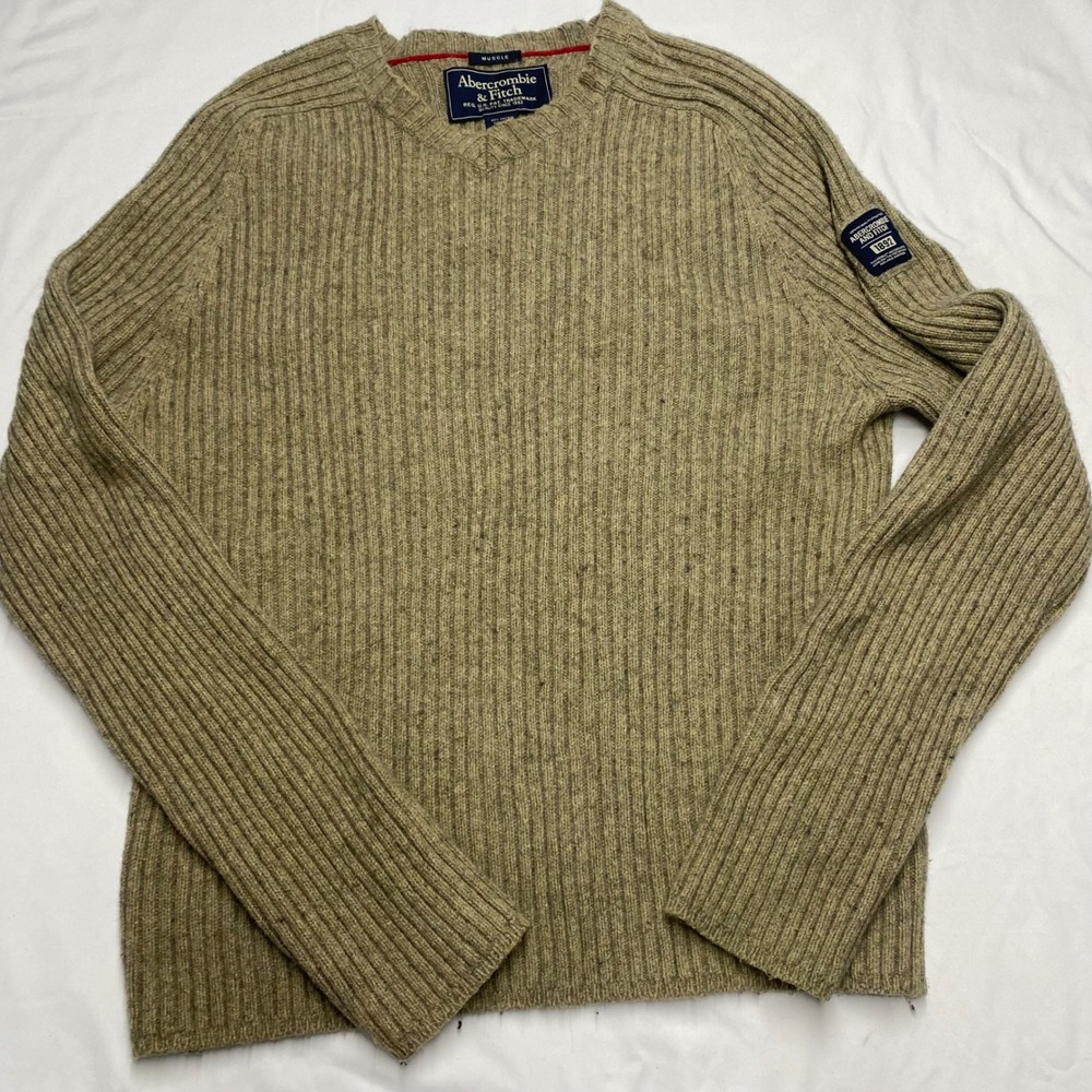 Abercrombie & Fitch Mens Muscle Fit V-Neck Ribbed Wool Blend Sweater Tan XL